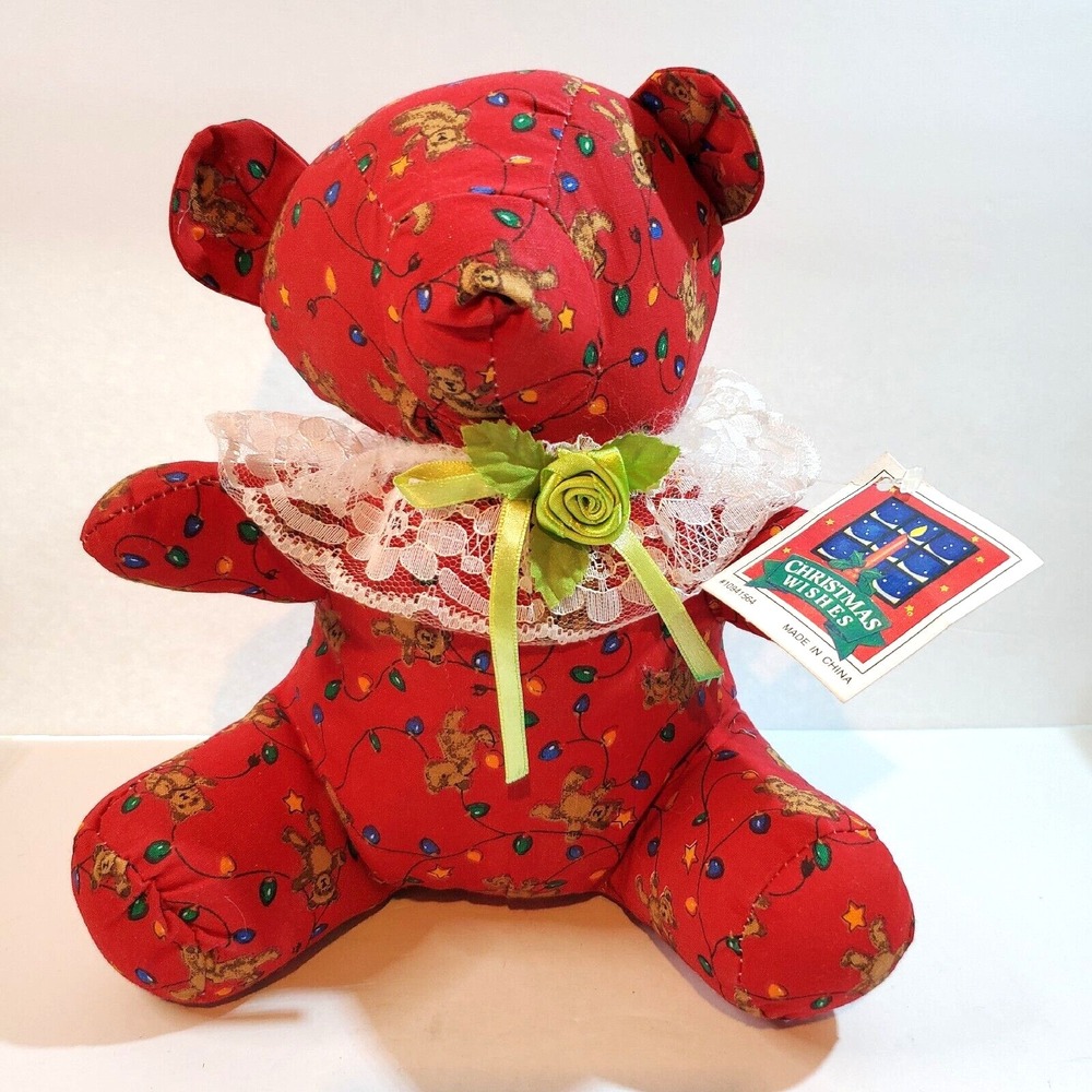 Vtg Christmas Wishes Red Print Teddy Bear Stuffed Animal Plush Farmhouse Decor